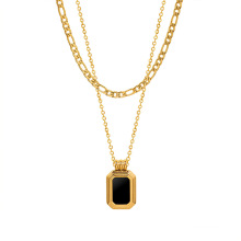 Shangjie OEM joyas Vintage Double Layer Necklace Titanium Necklace Black Shell Square Pendant Women Gold Plated Necklace